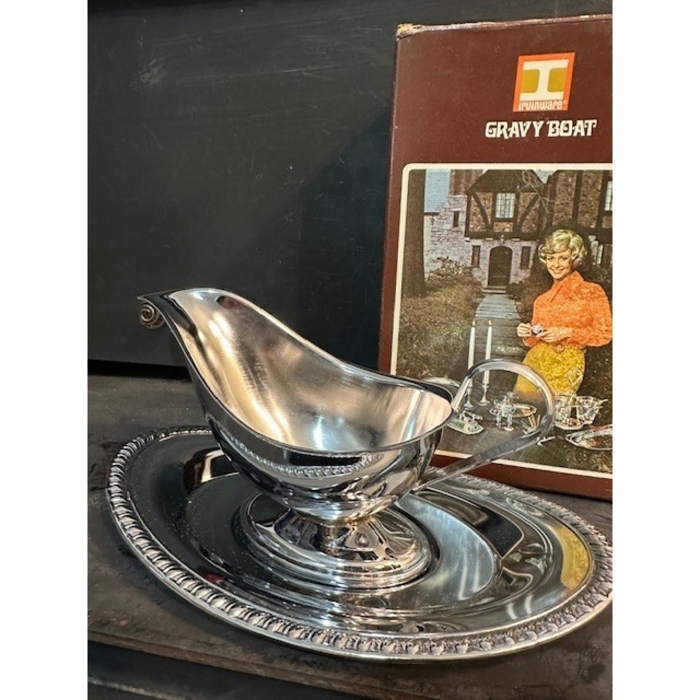Vintage Irvinware Chrome Gravy Boat and Tray Set Mid Century Modern Silver Tone